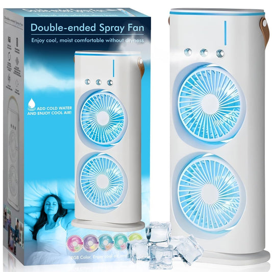 Double Ended Spray Fan, Cold Air,3 Gears 4000mah USB Rechargeable with LED Light Cooler, Tower Air Coolers & Remote Control,Water Tank,Table fan for Home,Office (A-White)