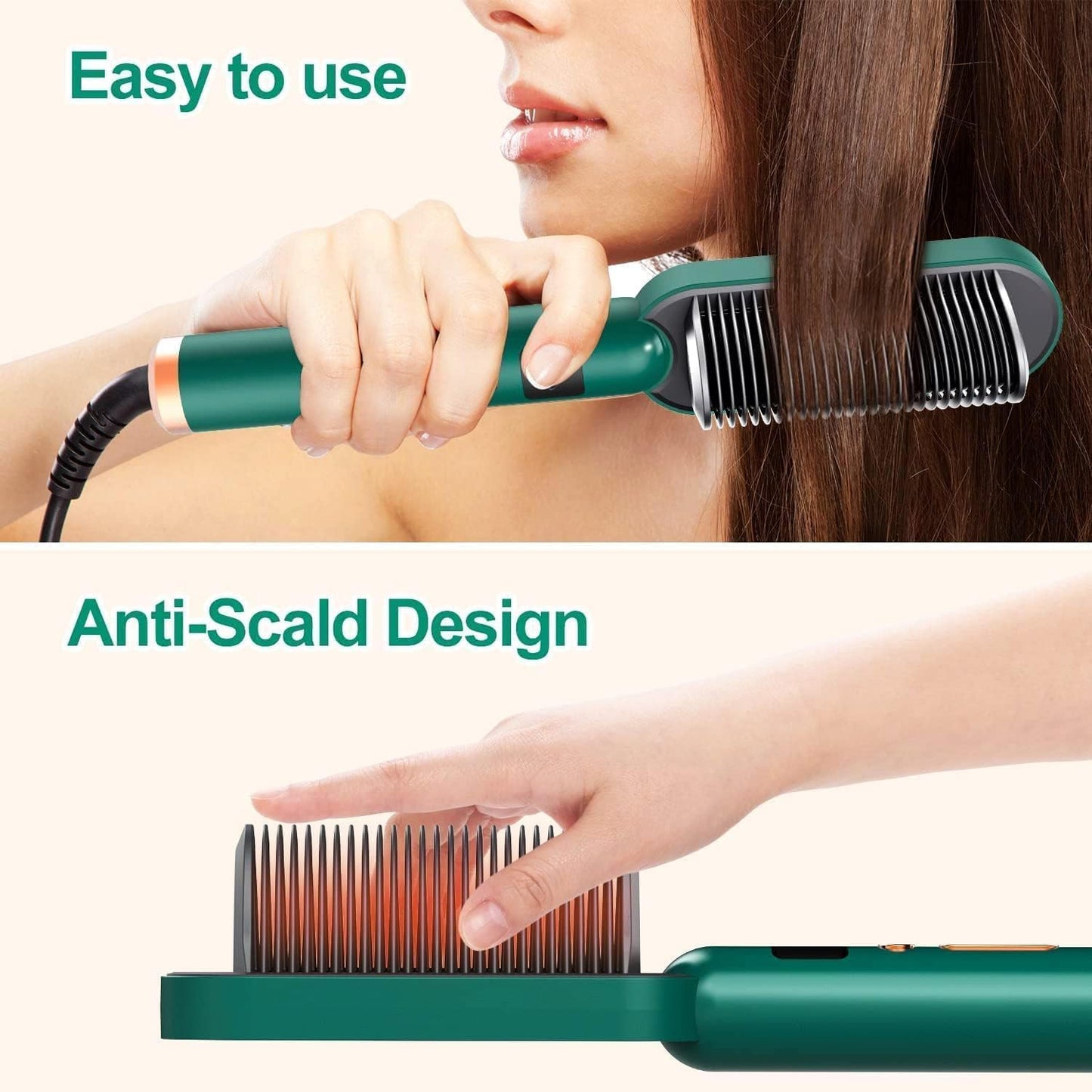 Ceramic Hair Straightening Comb for Women – Electric Hair Straightener Brush with 30-Second Fast Heating, 4+ Adjustable Heat Settings, Smooth & Silky Hair Styling Brush, Green Color