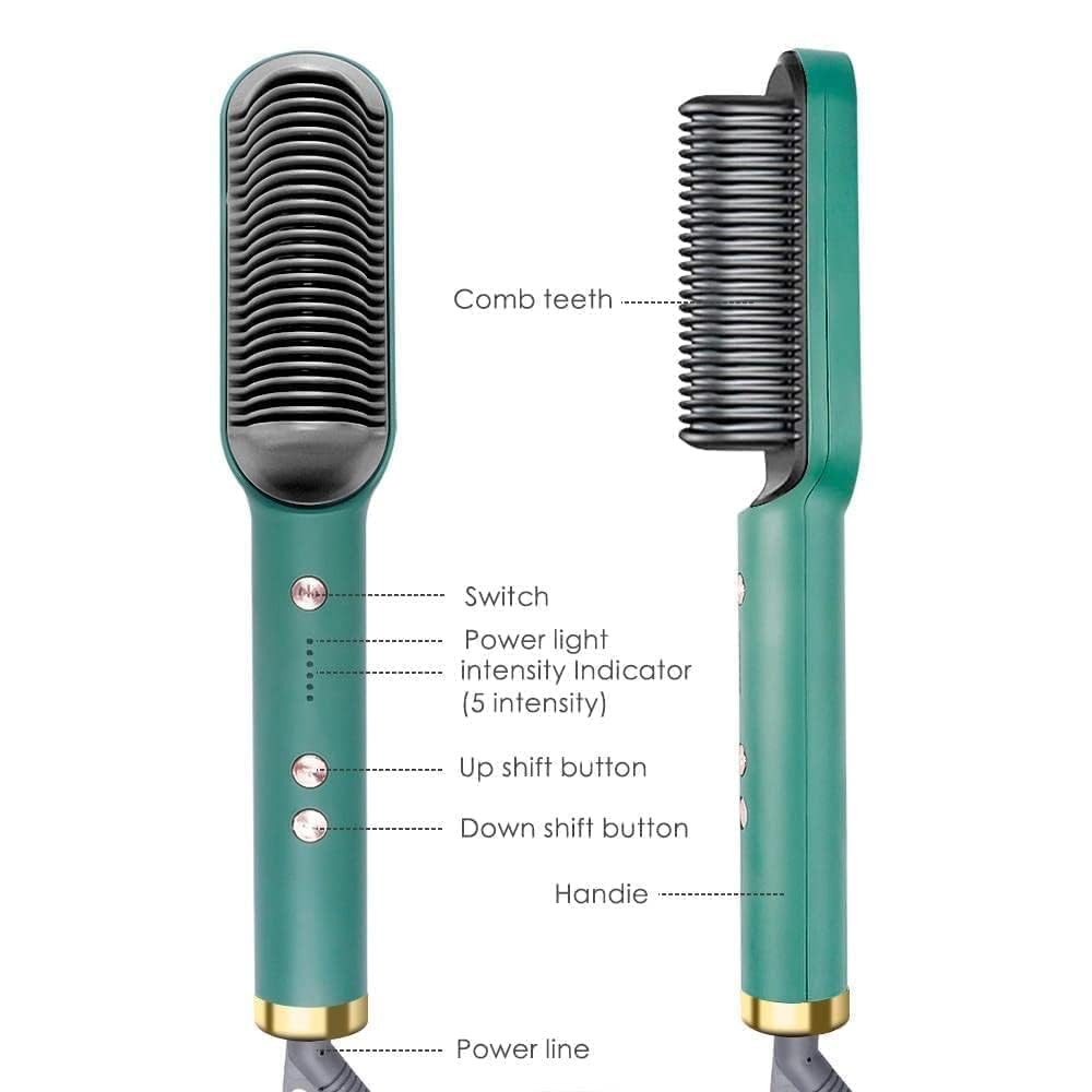 Ceramic Hair Straightening Comb for Women – Electric Hair Straightener Brush with 30-Second Fast Heating, 4+ Adjustable Heat Settings, Smooth & Silky Hair Styling Brush, Green Color