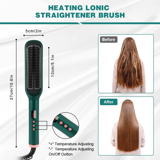 Ceramic Hair Straightening Comb for Women – Electric Hair Straightener Brush with 30-Second Fast Heating, 4+ Adjustable Heat Settings, Smooth & Silky Hair Styling Brush, Green Color