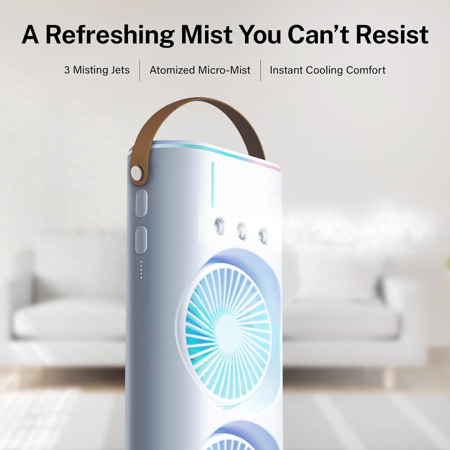 Double Ended Spray Fan, Cold Air,3 Gears 4000mah USB Rechargeable with LED Light Cooler, Tower Air Coolers & Remote Control,Water Tank,Table fan for Home,Office (A-White)