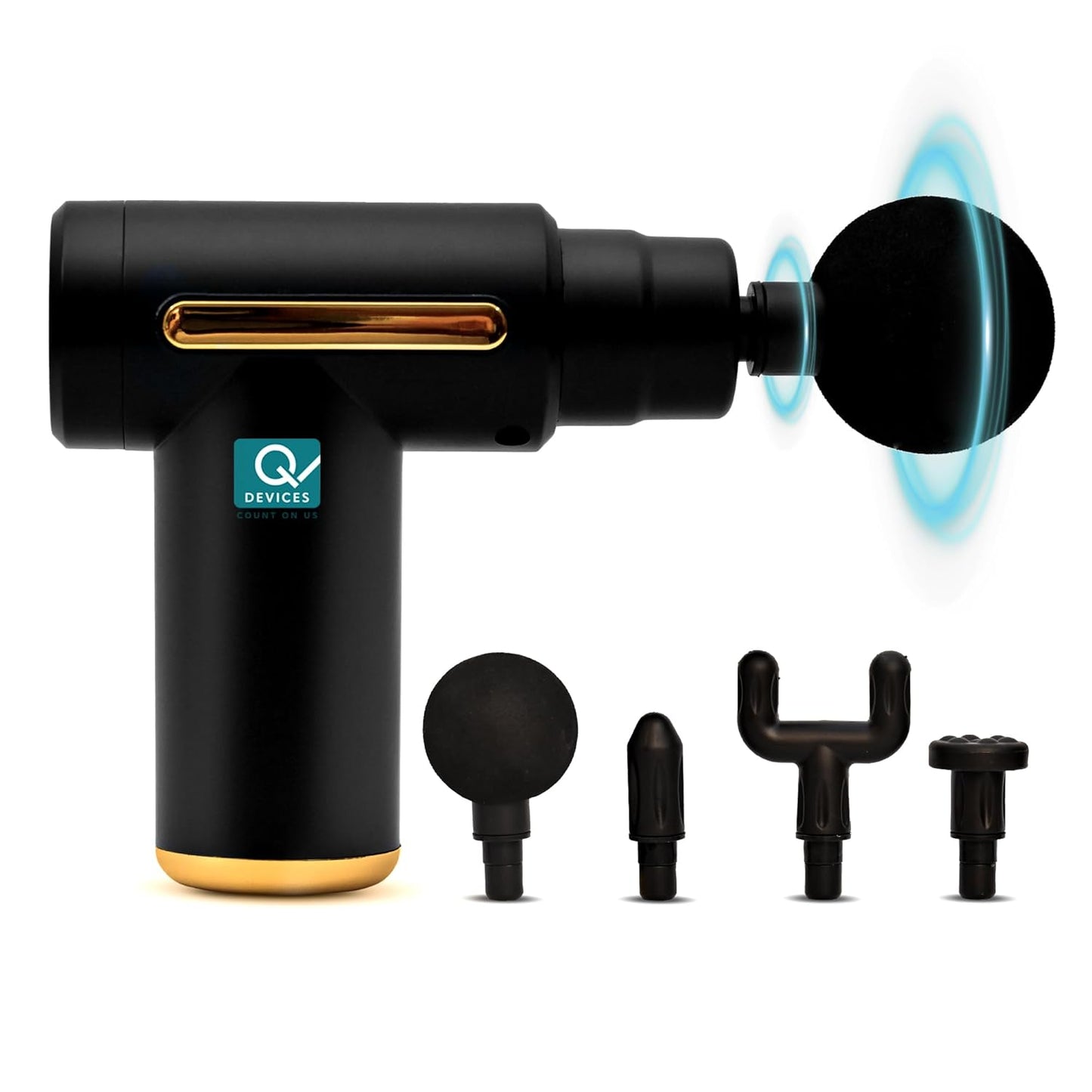 Q DEVICES Portable Massage Gun - Percussive Therapy Deep Tissue Massager for Muscle Recovery, 6 Speeds & 4 Heads - Ultra Quiet Electric Handheld Gun Massager for Back, Neck, Athletes & Pain Relief