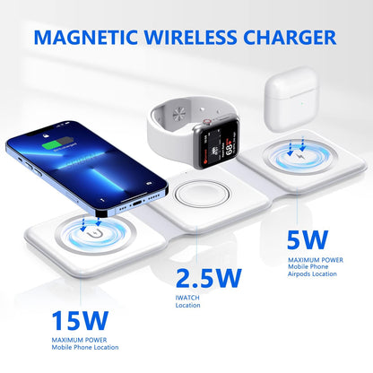 3 in 1 MagSafe compatible Magnetic Foldable Wireless Charger for iPhone 17 to 12 Series | Compatible with AirPods 2/3, Pro2, Pro3 | Compatible with only Apple Watch Series | 23W Charging - Pearl White