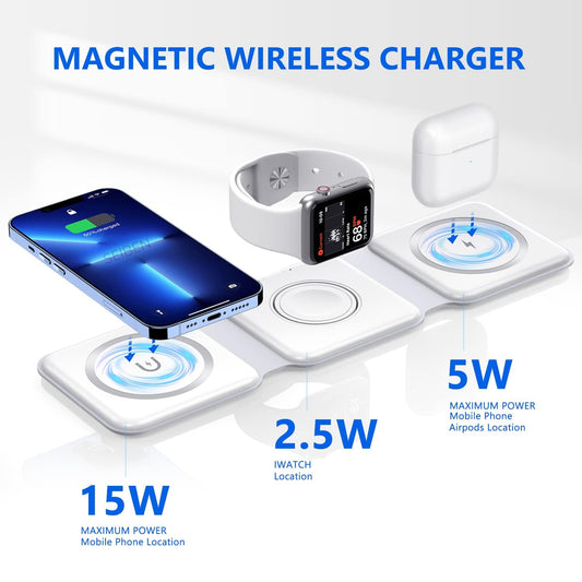 3 in 1 MagSafe compatible Magnetic Foldable Wireless Charger for iPhone 17 to 12 Series | Compatible with AirPods 2/3, Pro2, Pro3 | Compatible with only Apple Watch Series | 23W Charging - Pearl White