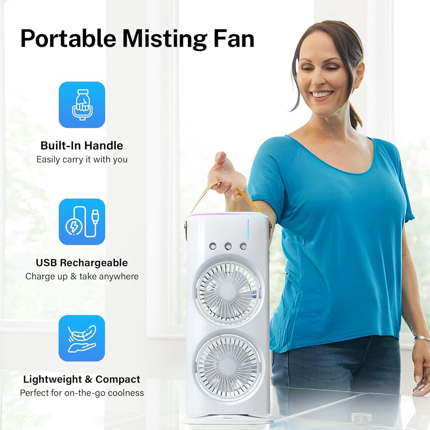 Double Ended Spray Fan, Cold Air,3 Gears 4000mah USB Rechargeable with LED Light Cooler, Tower Air Coolers & Remote Control,Water Tank,Table fan for Home,Office (A-White)