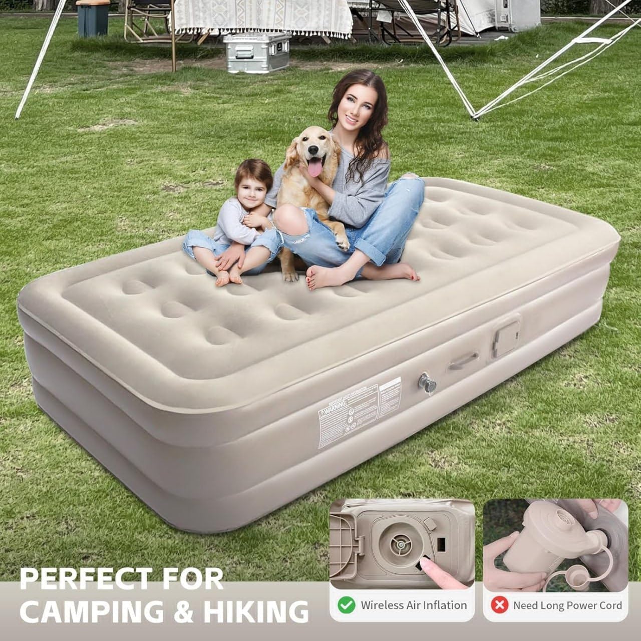Portable Inflatable Air Mattress with Built-in Electric Pump & USB-C Charging – Waterproof Single Blow-Up Bed, Fast Inflation, Comfortable & Compact Airbed for Home, Travel & Camping