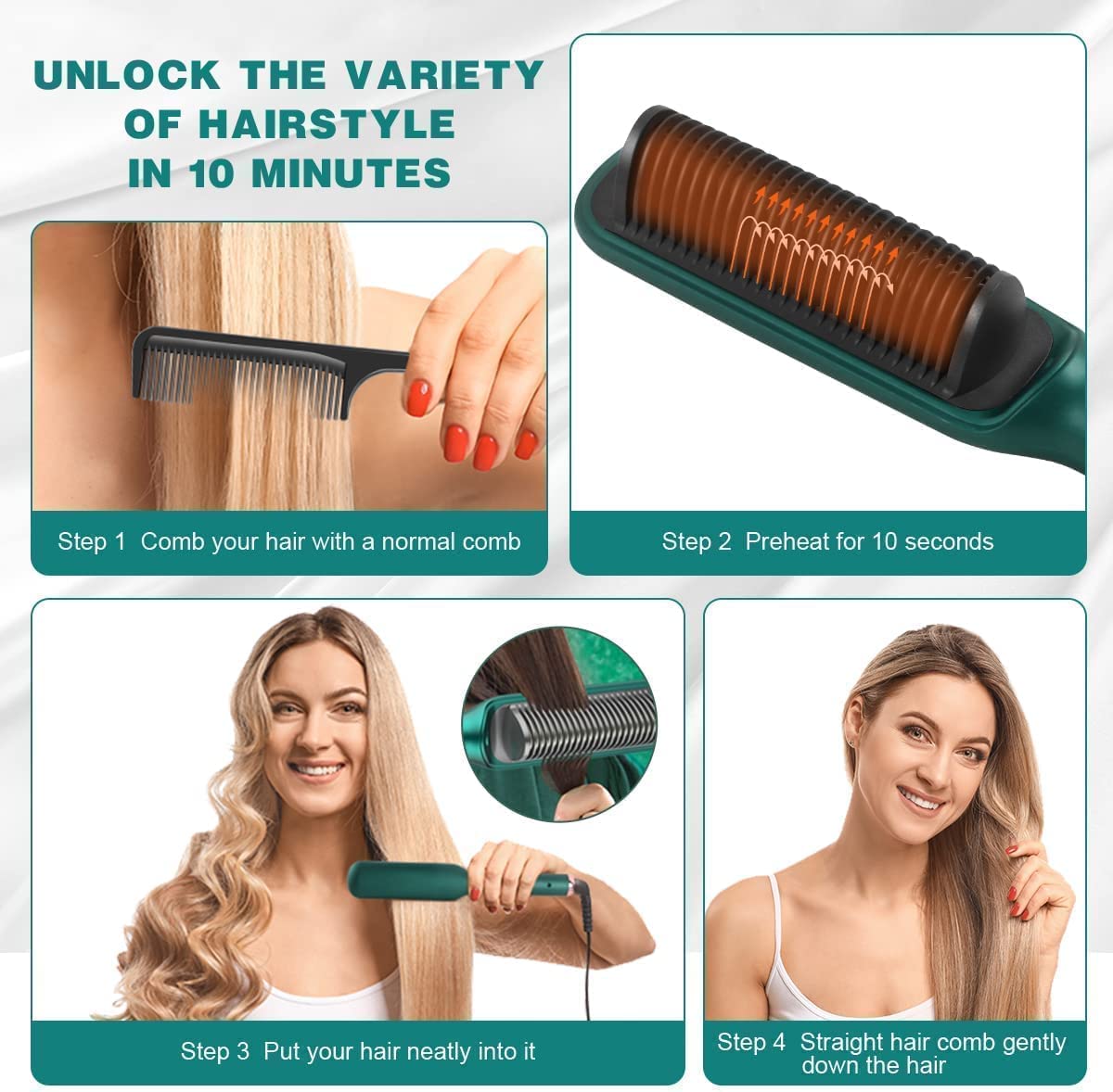 Ceramic Hair Straightening Comb for Women – Electric Hair Straightener Brush with 30-Second Fast Heating, 4+ Adjustable Heat Settings, Smooth & Silky Hair Styling Brush, Green Color