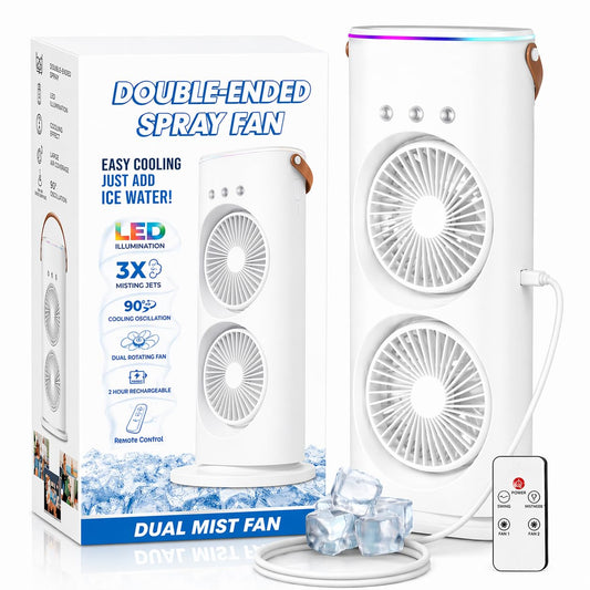 Double Ended Spray Fan, Cold Air,3 Gears 4000mah USB Rechargeable with LED Light Cooler, Tower Air Coolers & Remote Control,Water Tank,Table fan for Home,Office (A-White)