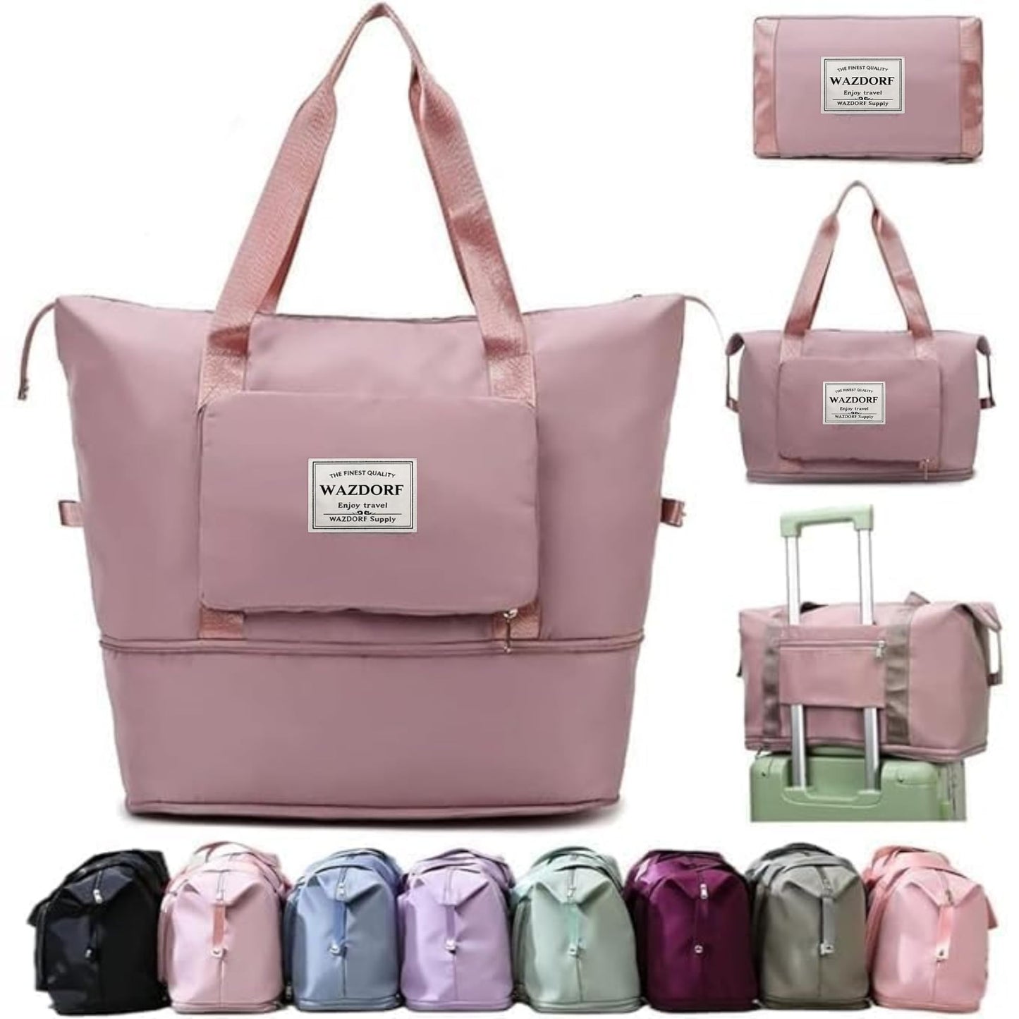 Wazdorf 41L Expandable Travel Duffle Bag for Women – Foldable Waterproof Luggage & Vanity Travel Bag, Spacious Handbag for Personal Items, Pink