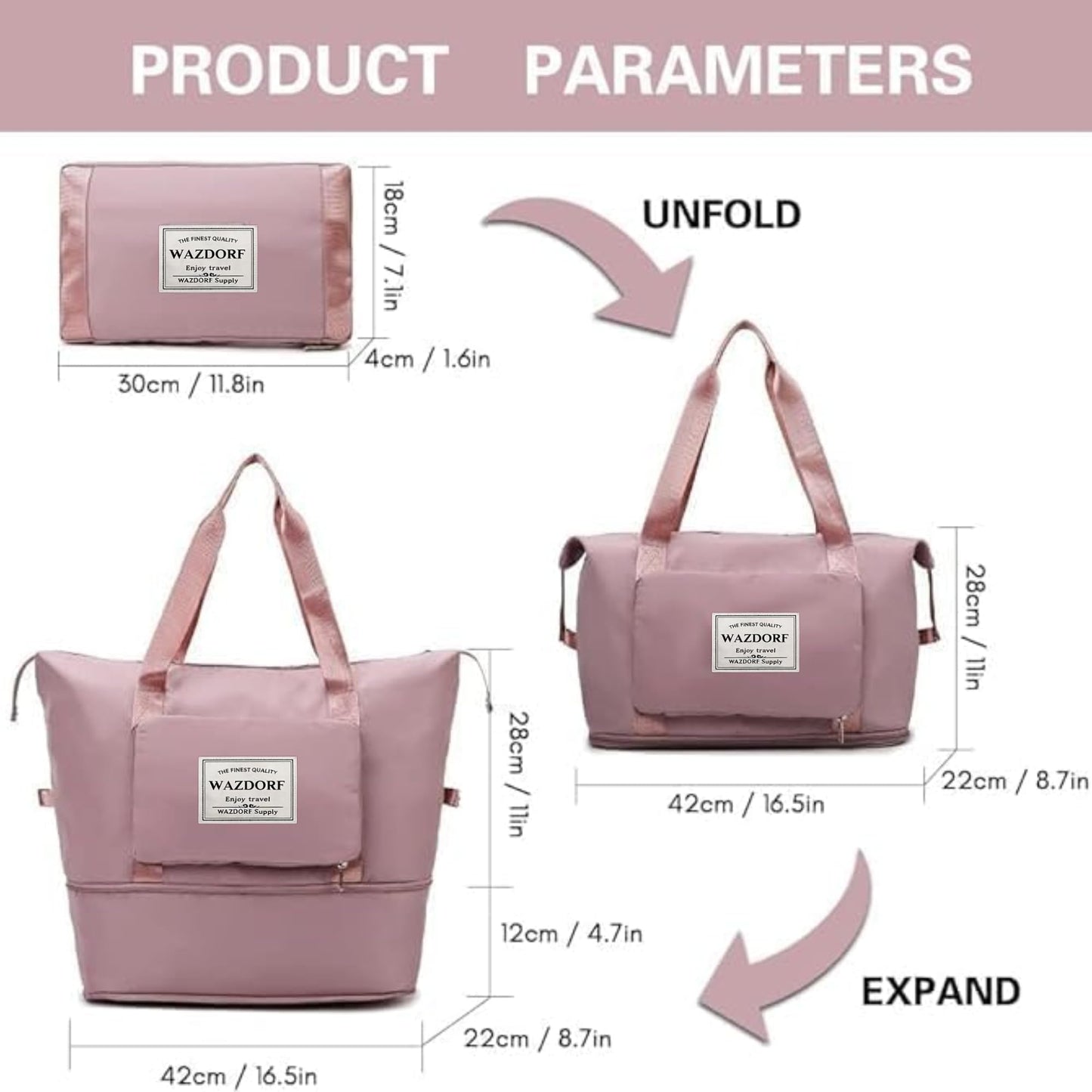 Wazdorf 41L Expandable Travel Duffle Bag for Women – Foldable Waterproof Luggage & Vanity Travel Bag, Spacious Handbag for Personal Items, Pink