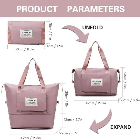 Wazdorf 41L Expandable Travel Duffle Bag for Women – Foldable Waterproof Luggage & Vanity Travel Bag, Spacious Handbag for Personal Items, Pink