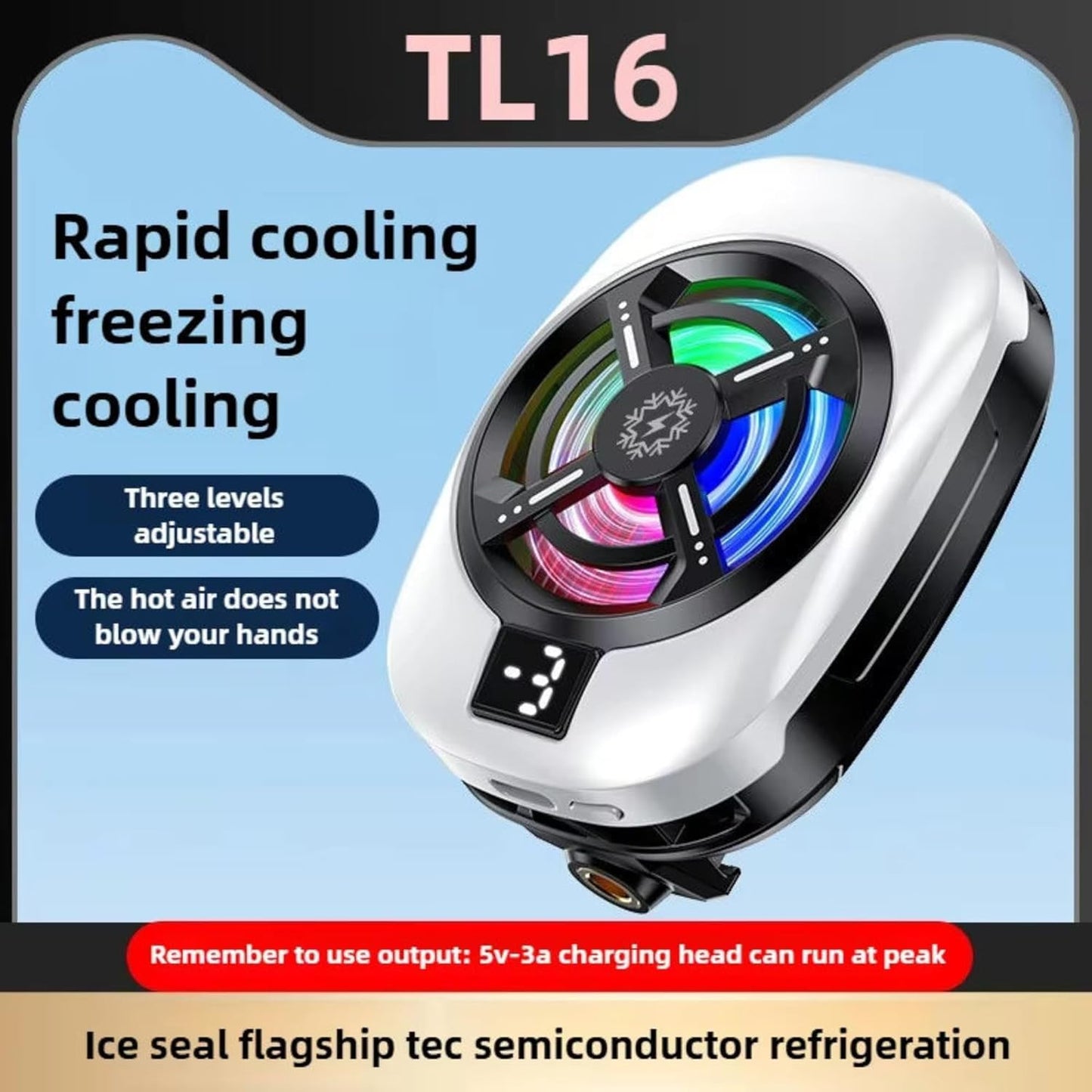 TL-16 Instant Mobile Cooler – Semiconductor Gaming Cooling Fan with LCD Display,RGB Lights & 3 Cooling Modes for iOS & Android