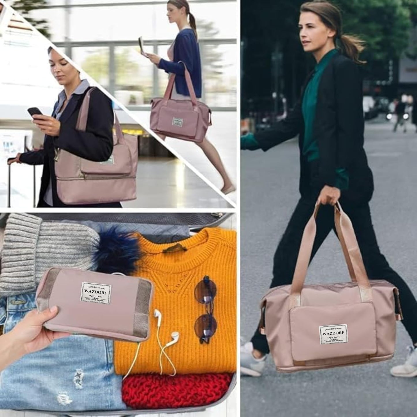 Wazdorf 41L Expandable Travel Duffle Bag for Women – Foldable Waterproof Luggage & Vanity Travel Bag, Spacious Handbag for Personal Items, Pink