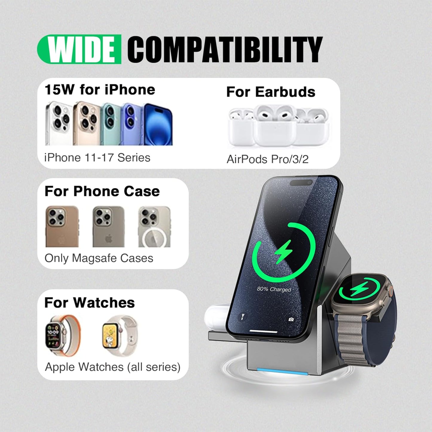 Qi2 Certified 3-in-1 Magnetic Mag-Safe Wireless Charging Station with One-Touch Auto Rotation and Fast Charging Compatible with iPhone Series 17-12, iWatch Ultra/SE2/SE/10-1 & Airpods Pro, 3/2