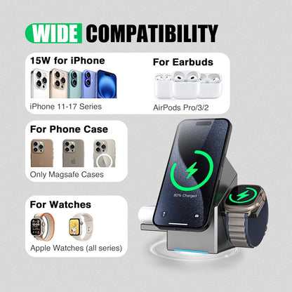 Qi2 Certified 3-in-1 Magnetic Mag-Safe Wireless Charging Station with One-Touch Auto Rotation and Fast Charging Compatible with iPhone Series 17-12, iWatch Ultra/SE2/SE/10-1 & Airpods Pro, 3/2
