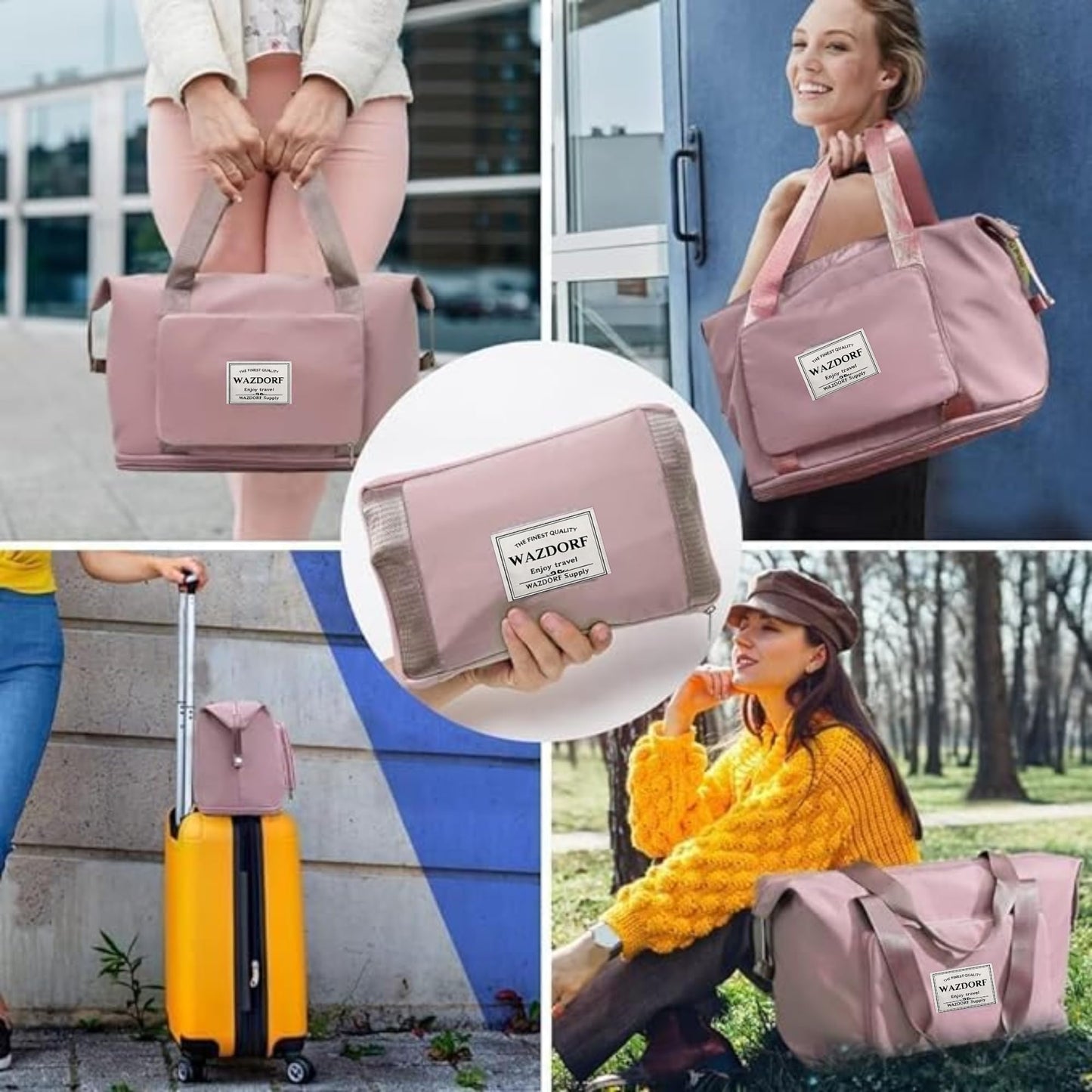 Wazdorf 41L Expandable Travel Duffle Bag for Women – Foldable Waterproof Luggage & Vanity Travel Bag, Spacious Handbag for Personal Items, Pink