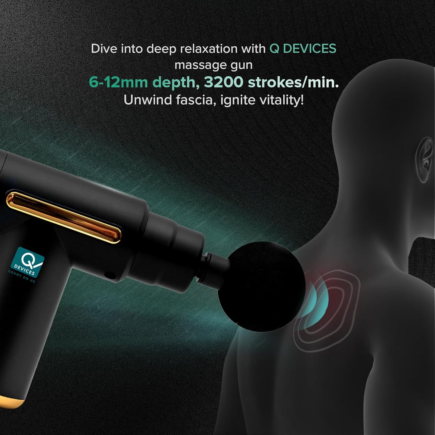 Q DEVICES Portable Massage Gun - Percussive Therapy Deep Tissue Massager for Muscle Recovery, 6 Speeds & 4 Heads - Ultra Quiet Electric Handheld Gun Massager for Back, Neck, Athletes & Pain Relief